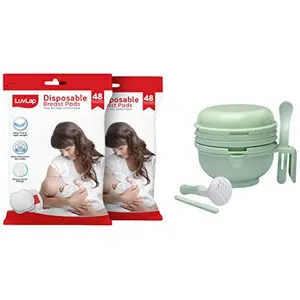 LuvLap Ultra Thin Honeycomb Nursing Breast Pads 96pcs Disposable High Absorbent Discreet Fit & LuvLap 9 in 1 Baby Food Masher Mill (Light Green)