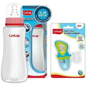 LuvLap Silicone Food/Fruit Nibbler with Extra Mesh Elegant Blue & LuvLap Anti-Colic Slim/Regular Neck Essential Baby Feeding Bottle 250ml