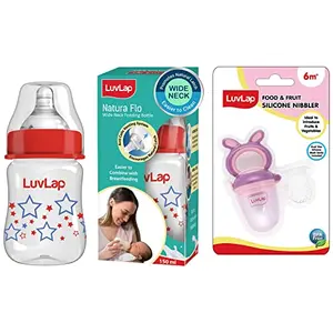Luvlap Anti-Colic Wide Neck Natura Flo Baby Feeding Bottle 150ml New Born/Infants/Toddler Upto 3 Years Stars BPA Free & LuvLap Bunny Food & Fruit Nibbler