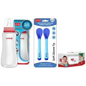 LuvLap Anti-Colic Slim/Regular Neck Essential Baby Feeding Bottle, 250ml & Tiny Love Heat Sensitive Baby Feeding Spoons Set, Blue & LuvLap Paraben Free Wipes for Baby Skin, 72 Wipes with Lid Pack