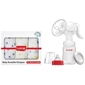 LuvLap Muslin Swaddle Triangles White & LuvLap Manual Breast Pump 3 Level Suction Adjustment 2pcs Breast Pads Free Soft & Gentle BPA Free