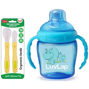 Luvlap Fun Club Baby Silicone Spoon Set BPA Free FDA Approved 2 pcs Green & LuvLap Hippo Sipper Blue