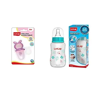 LuvLap Bunny Food & Fruit Nibbler & Luvlap Anti-Colic Slim Wild Flowers BPA-Free Regular Neck Baby Feeding Bottle 125ml Green