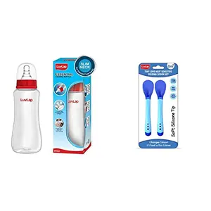LuvLap Anti-Colic Slim/Regular Neck Essential Baby Feeding Bottle 250ml & Tiny Love Heat Sensitive Baby Feeding Spoons Set Food Grade PP Kids & Baby Spoon with Soft Silicone Tip 2 pcs Blue