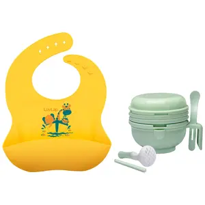 LuvLap 9 in 1 Baby Food Masher Mill (Light Green) & Silicone Baby Bib for Feeding & Weaning Babies & Toddlers (Yellow) - Pack of 2
