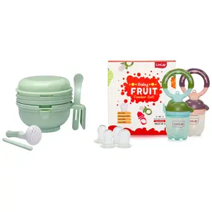 LuvLap 9 in 1 Baby Food Masher Mill, with Multifunction Textured Mashing & Filtering Plates, with Serving Bowl (Light Green) & Baby Food and Fruit Feeder Twin Pack, Green & Pink