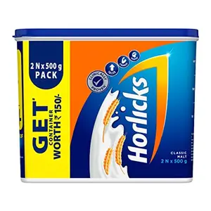 Horlicks Health & Nutrition Drink 500 g Classic Malt (Combo Pack of 2), For immunity and 5 signs of growth - With Free Container Offer