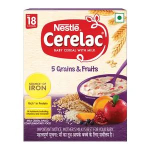 CERELAC Baby Food Cereal | 5 Grains & Fruits for 18 to 24 Months Baby | Source of Iron & Protein | Instant Baby Food Cereal | 300g