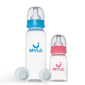 Mylo Baby 2 in 1 Feeding Bottles with Spoon for New Born Baby (125ml + 250ml) | Anti Colic & BPA Free Feeding Bottles | Feels Natural Baby Bottle | Easy Flow Neck Design- Bear + Elephant