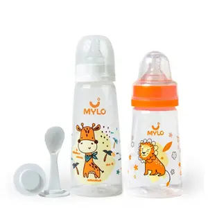Mylo Baby 2 in 1 Feeding Bottles with Spoon for New Born Baby (125ml + 250ml) | Anti Colic & BPA Free Feeding Bottles | Feels Natural Baby Bottle | Easy Flow Neck Design- Loin + Giraffe