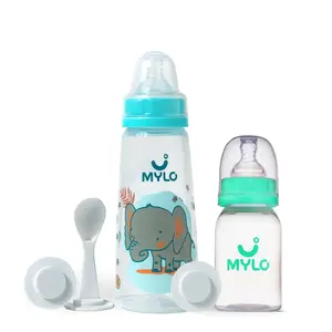Mylo Baby 2 in 1 Feeding Bottles with Spoon for New Born Baby (125ml + 250ml) | Anti Colic & BPA Free Feeding Bottles | Feels Natural Baby Bottle | Easy Flow Neck Design- Bear + Elephant