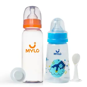 Mylo Baby 2 in 1 Feeding Bottles with Spoon for New Born Baby (125ml + 250ml) | Anti Colic & BPA Free Feeding Bottles | Feels Natural Baby Bottle | Easy Flow Neck Design- Bear + Zesty Orange