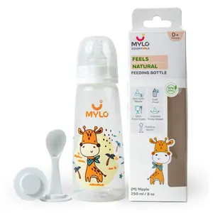 Mylo Baby 2 in 1 Feeding Bottle with Spoon (250 ml) for New Born Baby | Anti Colic & BPA Free Feeding Bottles | Feels Natural Baby Bottle | Easy Flow Neck Design- Grey Girrafe