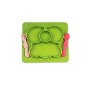 Chanak Square Baby Food Tray Silicon Food Plate with Multiple Compartments & Two Spoons Silicone Plate for Feeding Baby Easy to Clean Silicon Plate Microwave & Dishwasher Safe. (Light Green)