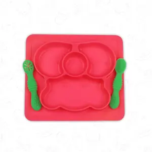 Chanak Square Baby Food Tray Silicon Food Plate with Multiple Compartments & Two Spoons Silicone Plate for Feeding Baby Easy to Clean Silicon Plate Microwave & Dishwasher Safe. (Pink)