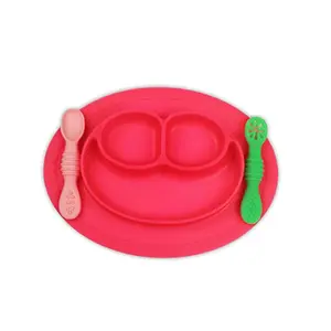 Chanak Oval Baby Food Tray Silicon Food Plate with Multiple Compartments & Two Spoons Silicone Plate for Feeding Baby Easy to Clean Silicon Plate Microwave & Dishwasher Safe. (Pink)