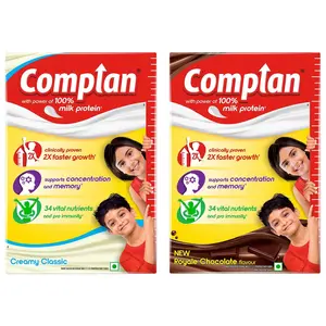 Complan Nutrition Drink Powder for Children, Royale Chocolate Flavour, 500 g Carton & Creamy Classic 500g | Nutrition drink for kids with protein & 34 vital nutrients