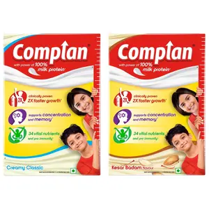 Complan Nutrition Drink Powder for Children, Kesar Badam Flavour, 500 g Carton & Creamy Classic 500g | Nutrition drink for kids with protein & 34 vital nutrients
