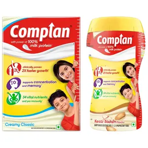 Complan Nutrition Drink Powder for Children, Kesar Badam Flavour, 500 g Jar & Creamy Classic 500g | Nutrition drink for kids with protein & 34 vital nutrients