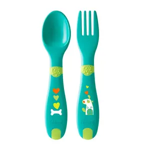 Chicco First Cutlery with Baby Self Feeding Spoon & Fork, Suitable For Training Toddlers, Soft & Flexible Silicone Tip, 12m+ (Neutral)