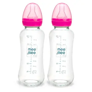 Mee Mee Premium Glass Feeding Bottle with Eazy-Flow Technology, Anti-Colic Valve,Anti Slip,BPA-Free Baby Feeding Bottle for Babies & Toddlers(Pink, 240Ml, Pack of 2)