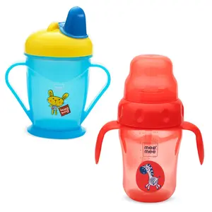 Mee Mee Easy Grip Sipper Cup with Twin Handle (180 ml, Blue) and 2 in 1 Spout and Straw Sipper Cup (210ml, Red)