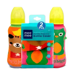Mee Mee Soft Plush Stretchable Baby Feeding Bottle Cover with Cute Animated Overall Print (Pk-2) Multicolour