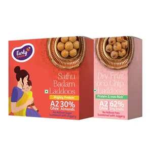 Early Foods : Assorted Pack of 2 - A2 Ghee Sathu Badam & Dry Fruit Choco Chip Laddoo | Sattu Atta ladoo | Dry Fruits laddoo for Kids Snack | Sugar Free Sweets with Jaggery 250g x 2