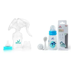 Mylo Essentials Manual Breast Pump (150ml) with Feeding Bottle (150ml) | Anti Colic & BPA Free Nurisng Set for Feeding Mothers | Compact, Lightweight, Easy to Clean & Carry