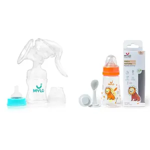 Mylo Essentials Manual Breast Pump (150ml) with Feeding Bottle (150ml) | Anti Colic & BPA Free Nurisng Set for Feeding Mothers | Compact, Lightweight, Easy to Clean & Carry