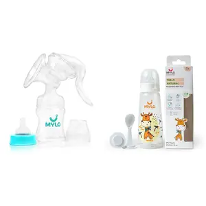 Mylo Essentials Manual Breast Pump (150ml) with Feeding Bottle (250ml) | Anti Colic & BPA Free Nurisng Set for Feeding Mothers | Compact, Lightweight, Easy to Clean & Carry
