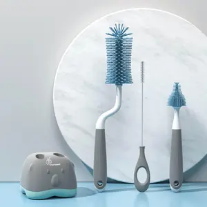 R for Rabbit Hygo Care Teddy Baby Bottles Cleaning Brushes 360 Degree Rotatable, Feeding Bottle Nipple & Straw Cleaner Set with Anti Slip Handle, Easy to Clean Bottles Corner, BPA-Free Silicone Bristles(Grey Blue)