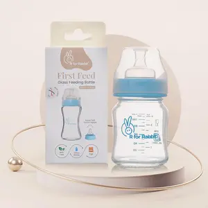 R for Rabbit First Feed Baby Glass Feeding Bottle 120ml with Anti-Colic Wide Neck, BPA Free Soft Silicone Nipple, Milk Feeder for New Born/Infants/Toddler Kids of 0+ Months (Lake Blue)