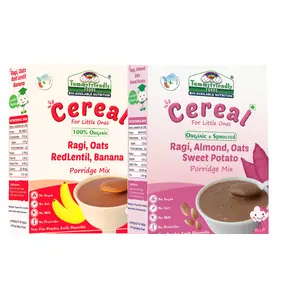 TummyFriendly Foods Certified Organic Sprouted Ragi, Oats, Red Lentil, Banana and Organic Ragi Almond Oats Sweet Potato Porridge Mix | Rich in Calcium, Protein & Fiber | 200g, 2 Packs