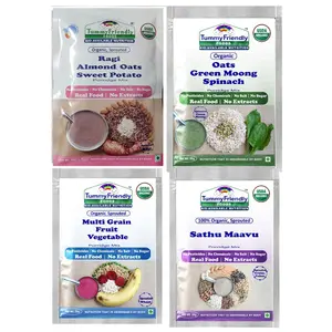 TummyFriendly Foods Certified Organic Porridge Mixes Trial Packs Combo For Little Ones | Organic Sprouted Ragi, Oats, Banana, MultiGrain, Oats, Sathu Maavu | Made of Organic Sprouted Ragi Flour, Organic Sprouted Pulses, Fruit, Vegetables and Nuts | Maximu