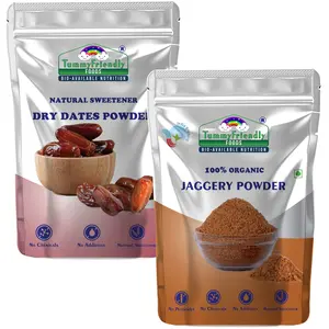TummyFriendly Foods Natural Sweetener Combo Dates and Jaggery Powder | NO HIDDEN SUGAR | Seedless Dry Dates Powder for baby from Premium Arabian Dates | Organic Jaggery Powder for baby Kids Toddlers Adults Babies | Kharek Powder | Tummy Friendly Foods Jag