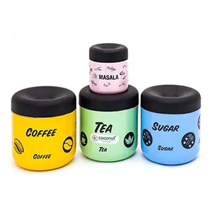 coconut Stainless Steel Tea/Coffee/Sugar/Masala Containers TCS -500 ml Each and Masala -100 ml Multicolour -Set of 4