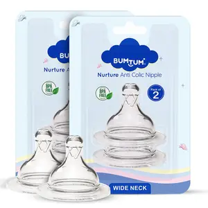 BUMTUM Nurture Anti Colic Teat/Nipple for Wide Neck Bottle |4pcs- Medium Size |Bottle Nipple for Baby, 6m+ | Soft & Flexible Silicone| Leak Proof, Bpa Free