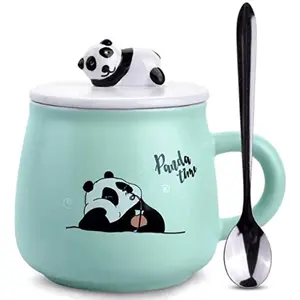 OANGO Ceramic Mug Panda Printed Mug with Lid and Spoon for Coffee and Tea Cup 350ml - 1 Piece White Cup 350 ml (Green Panda)