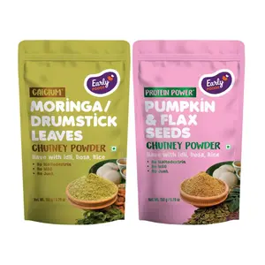 Early Foods : Pack of 2 Moringa & Pumpkin Flax Seeds Chutney Powder | South Indian Moringa Idli Chutney Powder | Flax Seeds chutney powder | Molaga Podi | Gunpowder Podi Perfect for Idli Dosa Roti & Rice 150 gms x 2