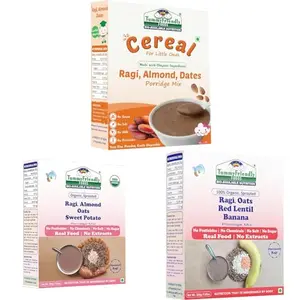 Tummy Friendly Ragi Combo Organic Cereal for Little Ones. Sprouted Ragi Almond Dates Sweet Potato Banana. Available in Baby Trial Packs. Real Food No Harmful Ingredients. Shelf life 8 Months