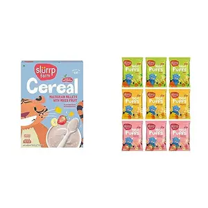 Slurrp Farm Multigrain Millets Cereal with Mixed Fruits and Rice Crispies 300g & Slurrp Farm Fruit and Vegetable Teething Puffs Baked Puff in Yummy Flavours Pack of 9