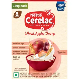 CERELAC Baby Food Cereal | No Refined Sugar | Wheat Apple Cherry for 8 to 24 Months Baby | Omega 3 Iron Protein Calcium Vitamin D for Babies | Instant Baby Food Cereal | 350g
