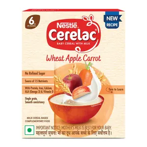 CERELAC Baby Cereal | No Refined Sugar | Wheat Apple Carrot for 6-24 months baby | Omega 3 Iron Protein Calcium Vitamin D for babies | Instant Infant Cereal | Travel Friendly | 300g
