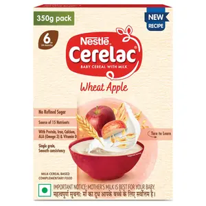 CERELAC Baby Cereal | No Refined Sugar | Wheat Apple for 6-24 months baby | Omega 3 Iron Protein Calcium Vitamin D for babies | Instant Infant Cereal | Travel Friendly | 350g
