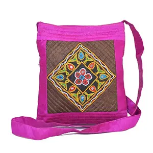 Women's Aahir Hand Embroidery Sling Purse - Traditional Kutch Handicrafts (Magenta - Brown)