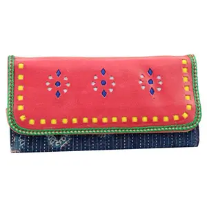 Cotton Block Print Cotton with Leather Craft Punch Work Flap CLUTCH EK-CLU-0012 Pink (11 24 3)