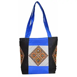 Raw Silk Tri Patch Bag - Aahir Work Embroidery Work TOTE BAG EK-TOT-0002 Blue-Black