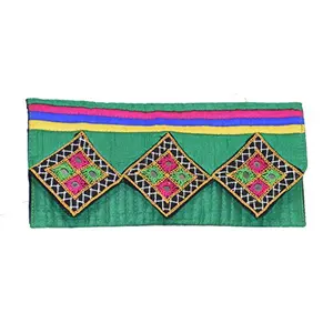 TRADITIONAL CLUTCH - Women's Raw Silk Ethnic Kutch Handicrafts Hand Embroidery Mirror Work Patches - 23 CM x 11 CM x 1 CM