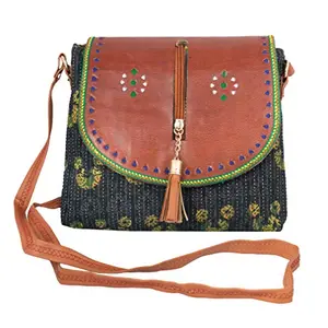 Cotton Block Print Cotton with Leather Craft Punch Work Flap SLING BAG EK-SLB-0003 Brown (22 22 5)